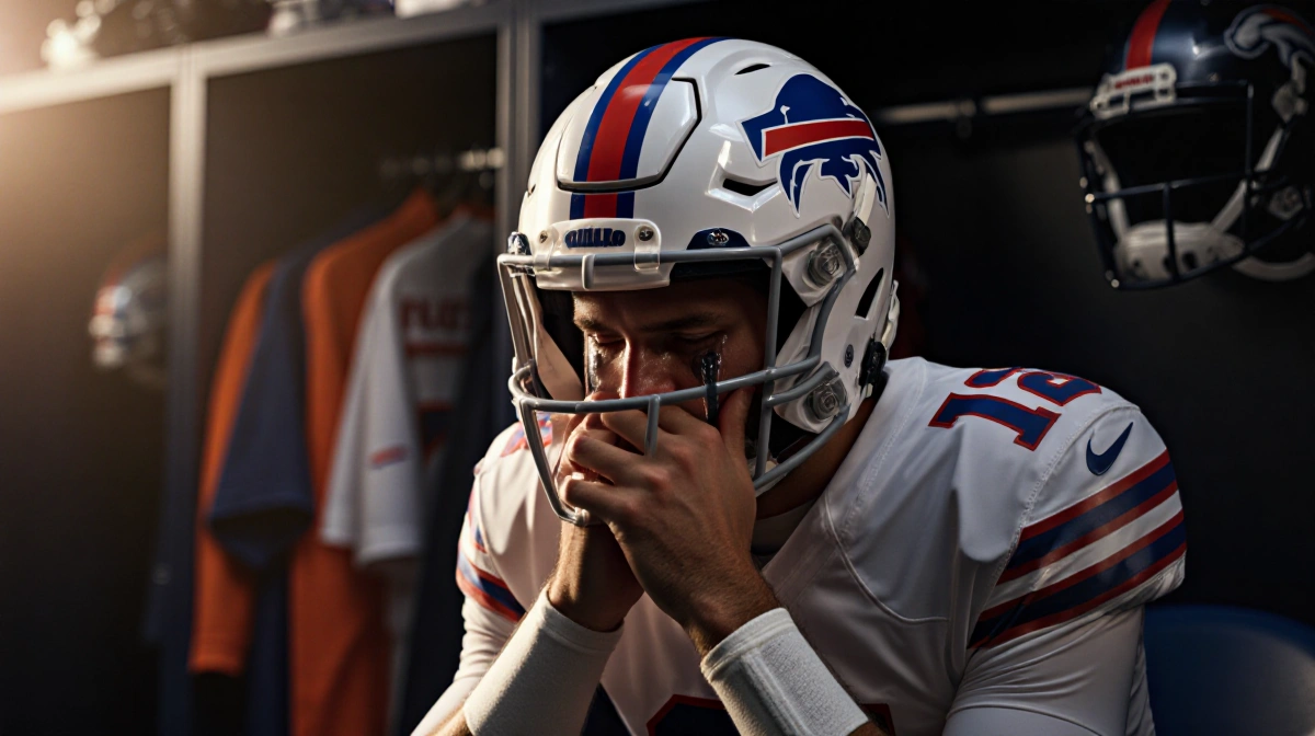 Josh Allen crying at locker with Bills helmet overhead and Broncos helmet visible through door