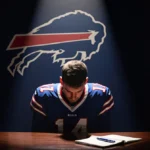 Josh Allen bowing his head at press conference table with Bills logo on wall and notebook nearby