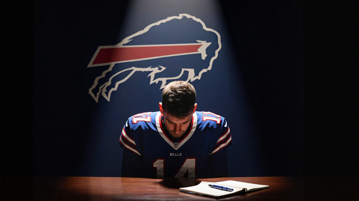 Josh Allen bowing his head at press conference table with Bills logo on wall and notebook nearby