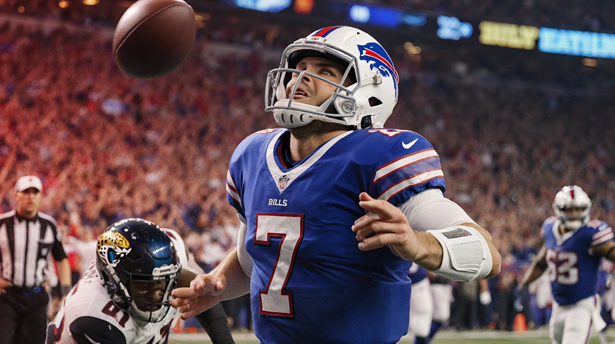 Josh Allen scrambling and throwing football with stadium lights flashing and Jaguars defenders in pursuit