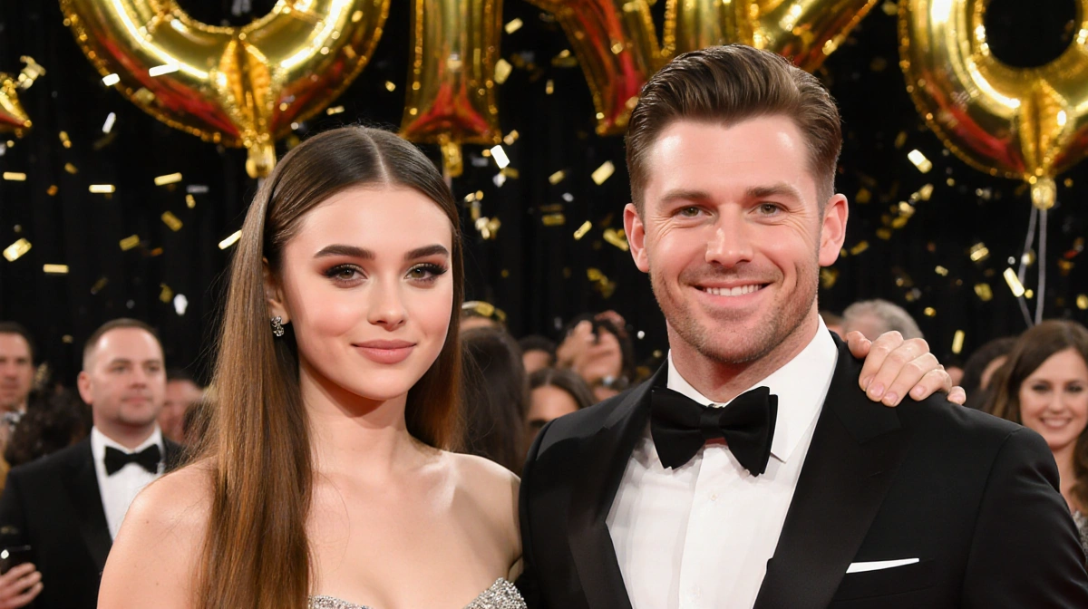 Josh Allen poses with Hailee Steinfeld on the red carpet with golden balloons and confetti celebrating his Golden Globe win