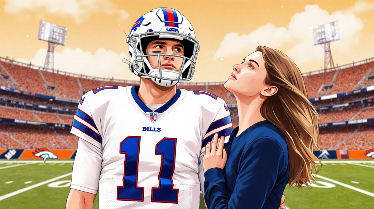 Josh Allen stands on football field with Hailee Steinfeld showing support and Broncos stadium blurred behind