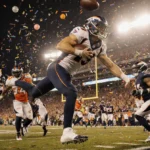 Josh Allen intercepts the ball with Broncos celebrating on the sideline and confetti falling on the field