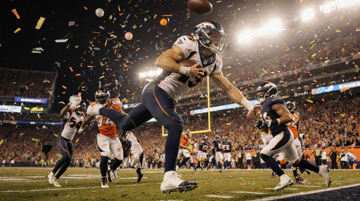 Josh Allen intercepts the ball with Broncos celebrating on the sideline and confetti falling on the field