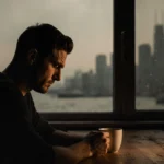Josh Charles sits alone at desk with coffee cup and city lights blurred behind him