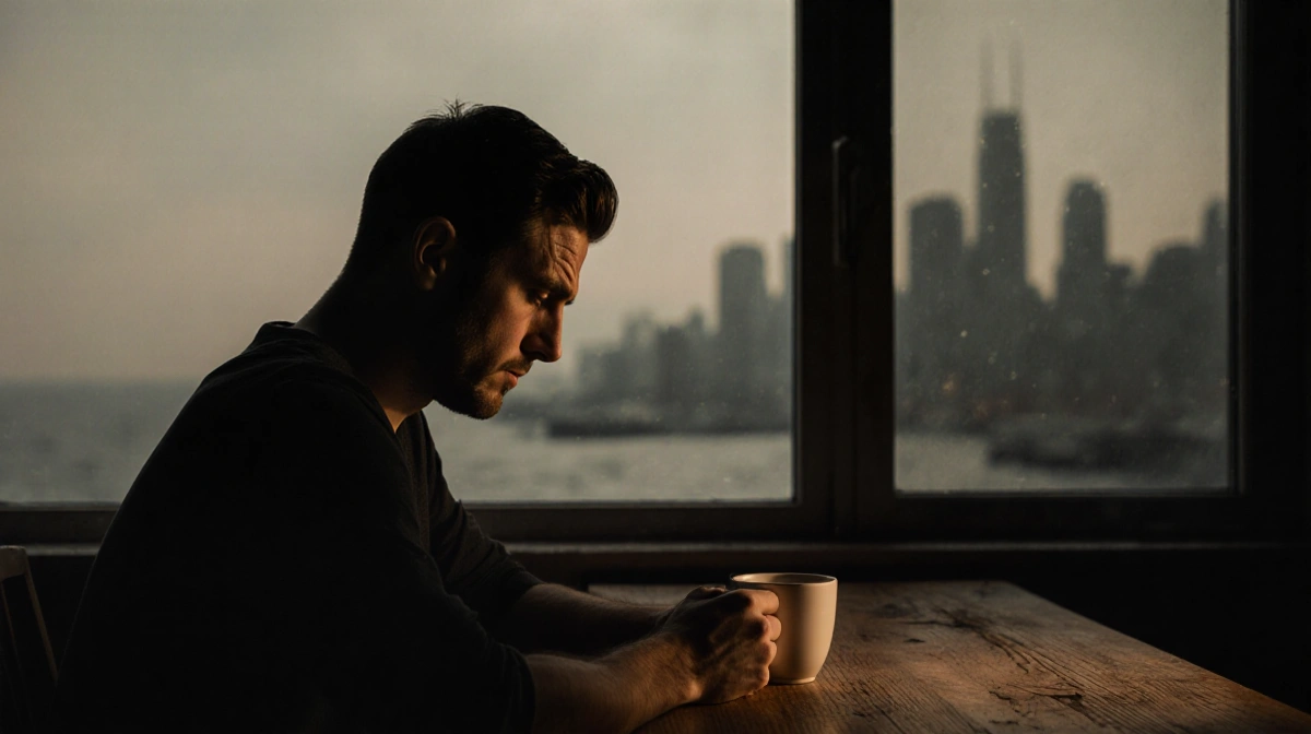 Josh Charles sits alone at desk with coffee cup and city lights blurred behind him