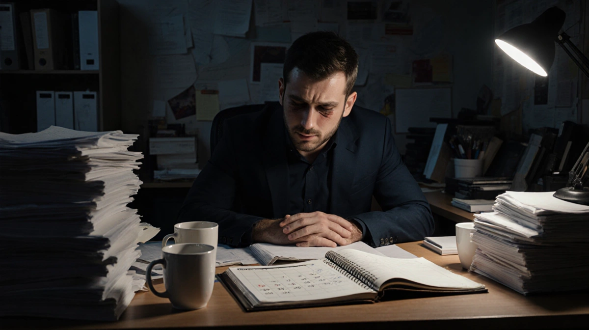 Josh Charles sits exhausted at cluttered desk with stacks of paperwork and empty coffee cups showing burnout