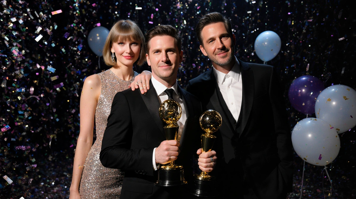 Josh Charles holds his Moon Person trophy with Ethan Hawke and Taylor Swift standing behind them at the 2024 MTV VMAs backsta