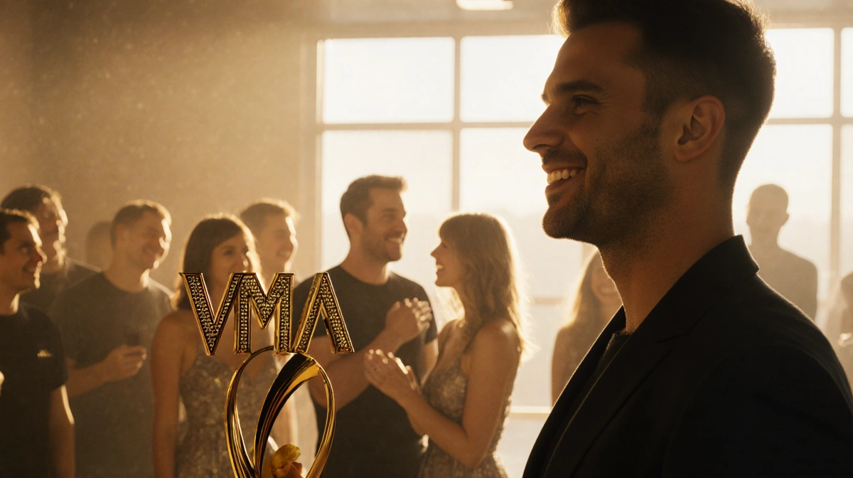 Josh Charles smiling with VMA trophy while crew members chat behind him