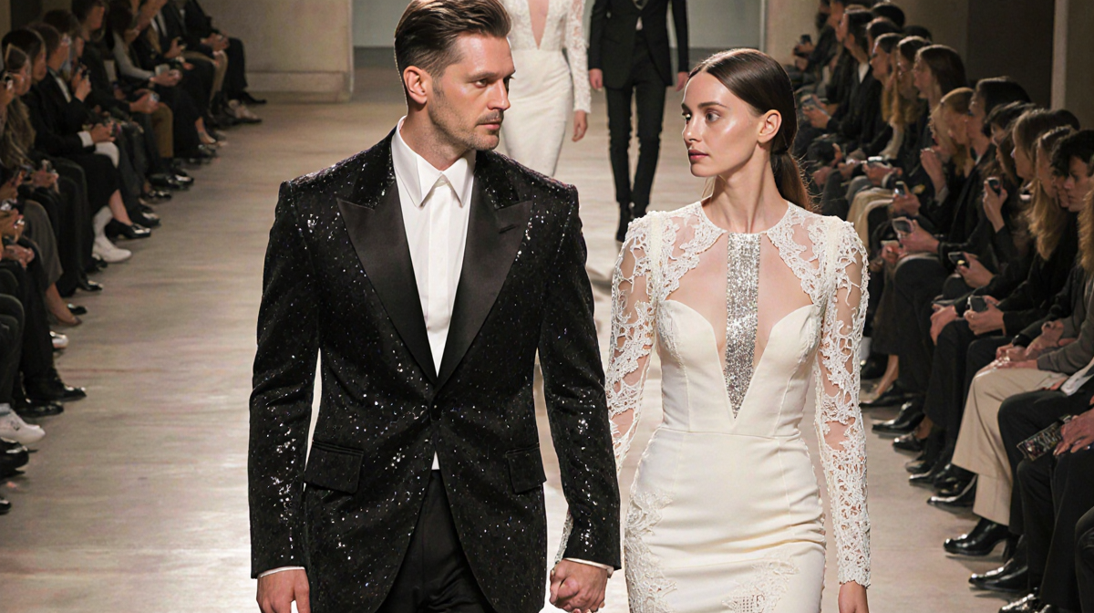 Josh Hartnett and Tamsin Egerton walking hand-in-hand down stairs with matching fashion show outfits and natural light.