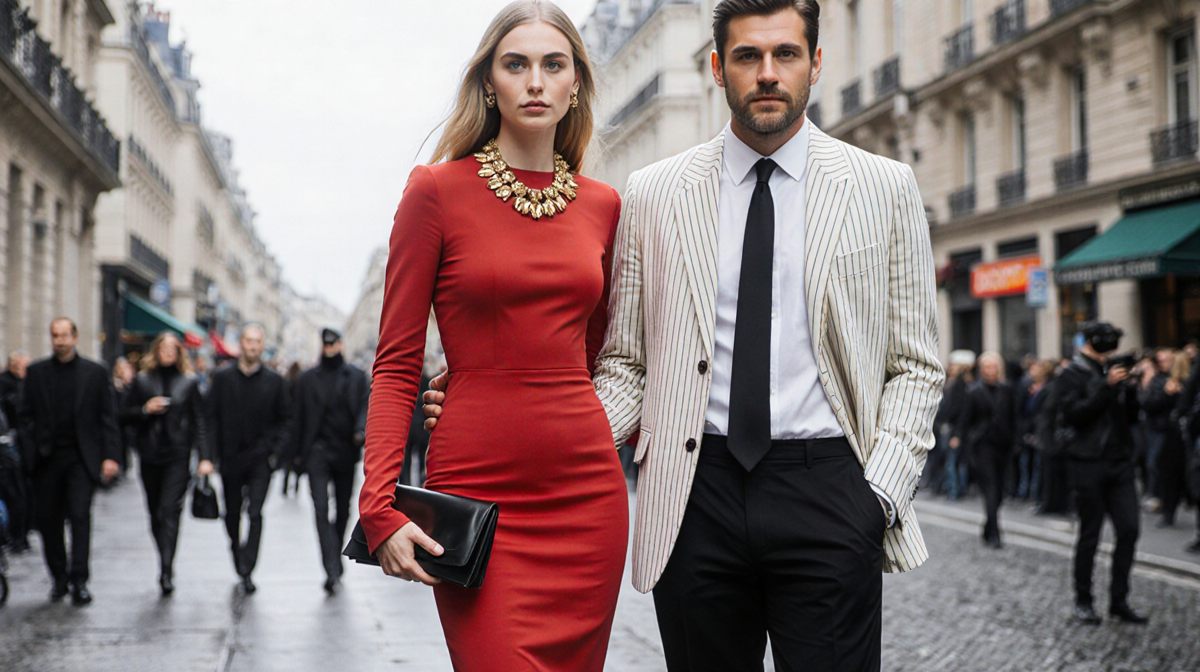Josh Hartnett standing beside Tamsin Egerton with white pinstriped jacket and red dress near blurred Paris Week backdrop