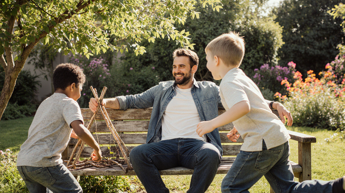 Josh Holloway sits on a wooden bench watching his children play with branches and laughter in a green backyard