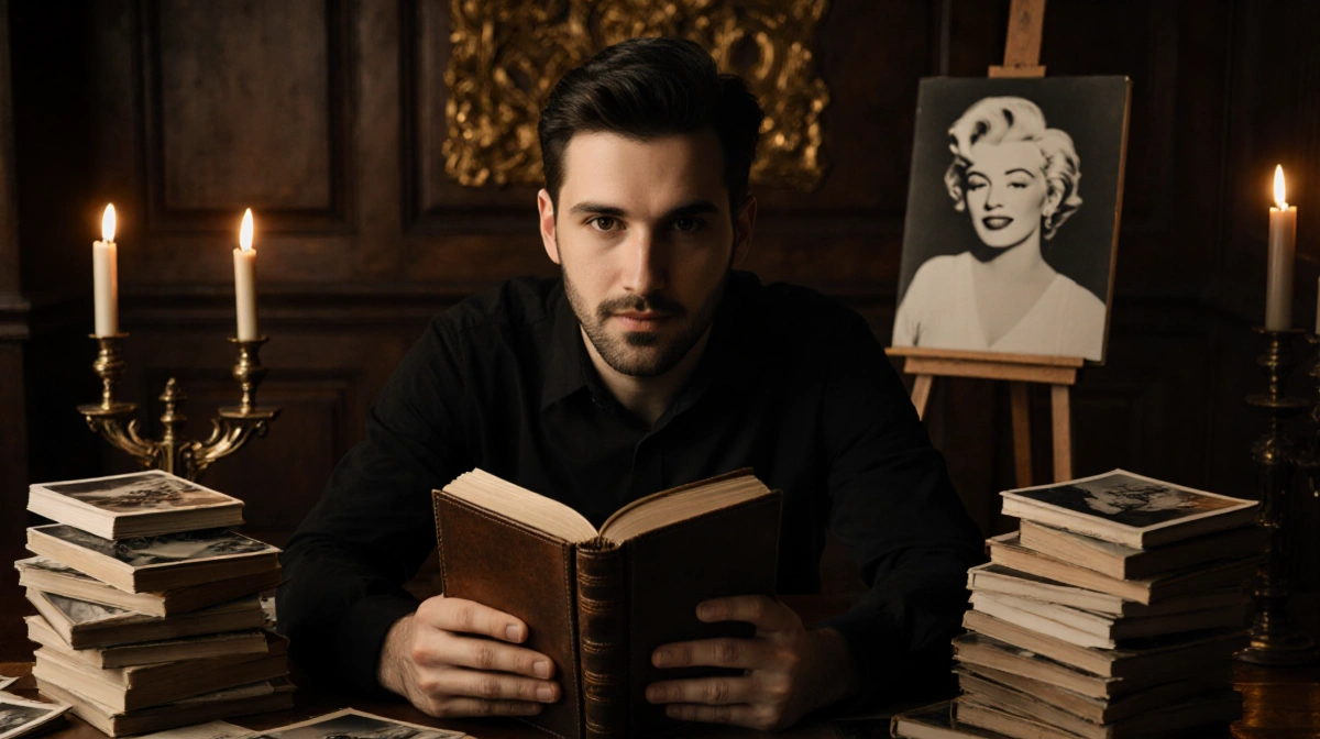 Joshua John Miller cradling vintage leather diary with Marilyn Monroe photo on easel behind him in warm study