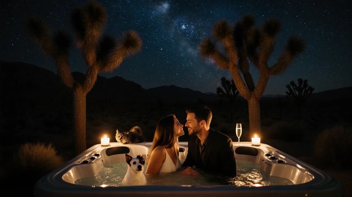 Kat Cunning and Jules Latimer cuddling in hot tub with Dijon the dog and Juli-cat under starry Joshua Tree sky with champagne