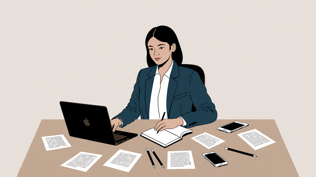 Journalist typing on laptop with scattered papers pens and a smartphone nearby