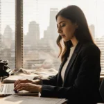 Paloma Chavez typing on laptop with coffee and newspapers on cluttered desk with city view through window