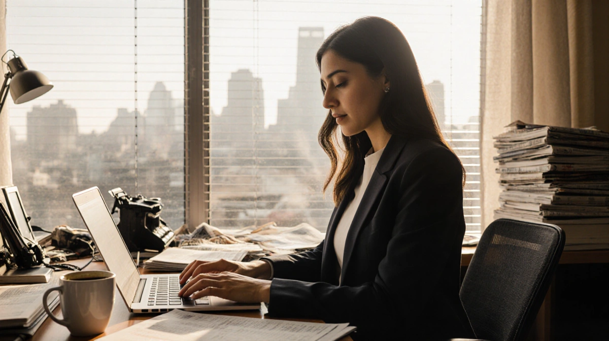 Paloma Chavez typing on laptop with coffee and newspapers on cluttered desk with city view through window