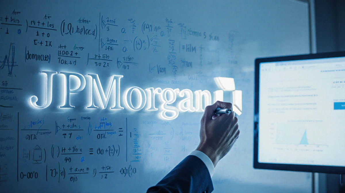Bank executive writing financial equations on whiteboard with JPMorgan logo and conference screen showing adaptability