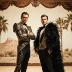 Jude Law and Andrew Garfield performing on stage with elaborate sequined costumes and palm tree backdrop