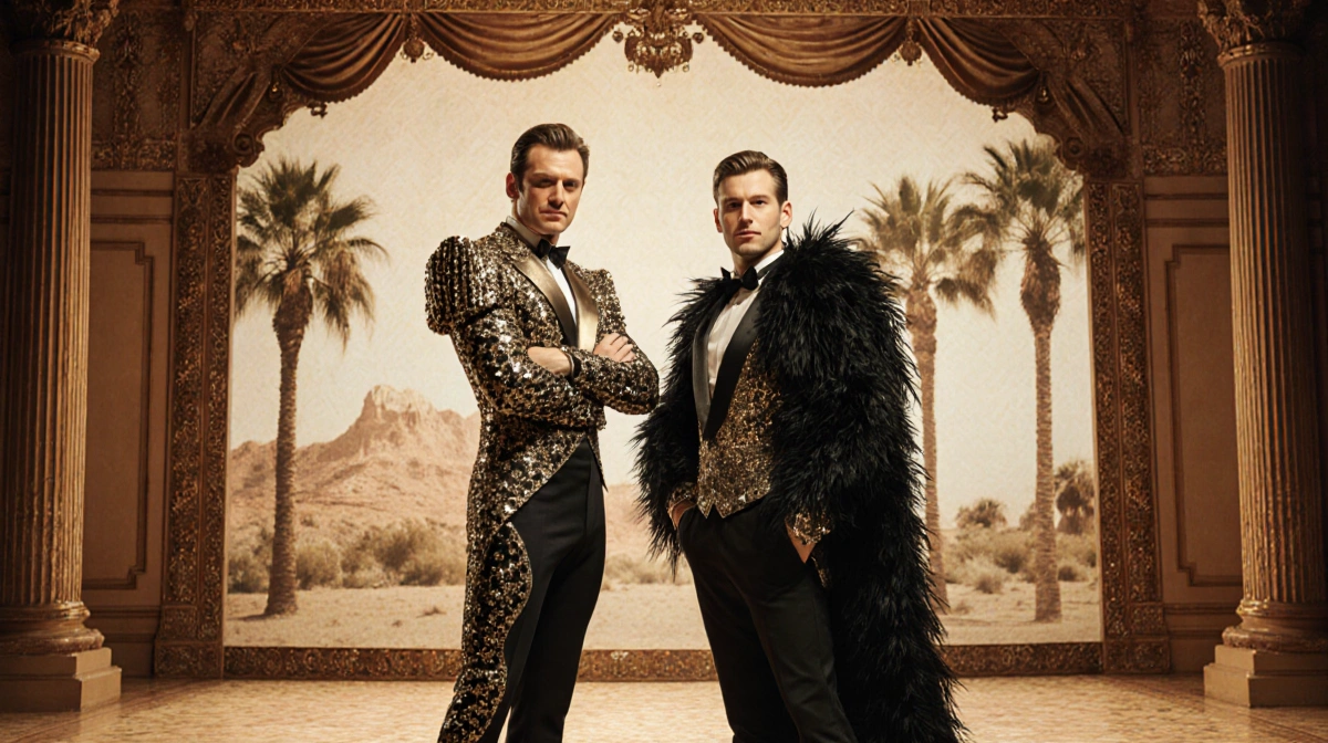 Jude Law and Andrew Garfield performing on stage with elaborate sequined costumes and palm tree backdrop