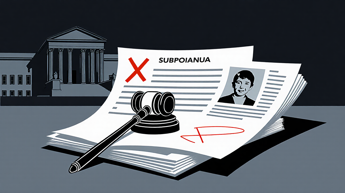 Judge's gavel rests on stack of documents with faint child face and red X and courthouse outline in background