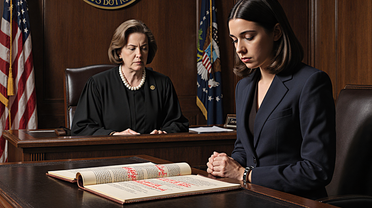 Judge Mizelle sits behind desk with indictment open and defendant handcuffed before her.
