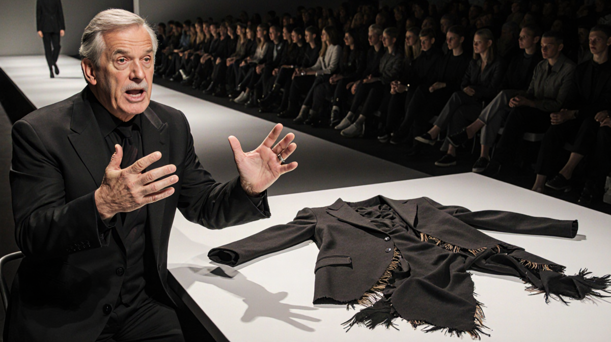 Judge Law Roach gesturing emphatically with a torn outfit draped over his critique table and a subtle runway backdrop.