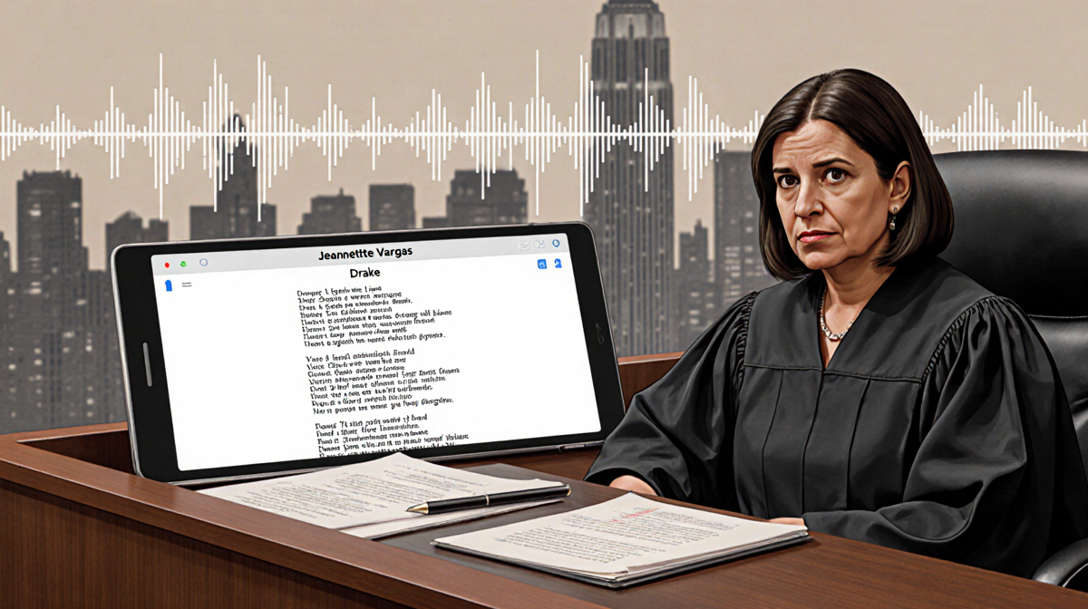 Judge Jeannette Vargas sits at a bench with courtroom documents and a tablet showing Drake lyrics amid a muted cityscape.