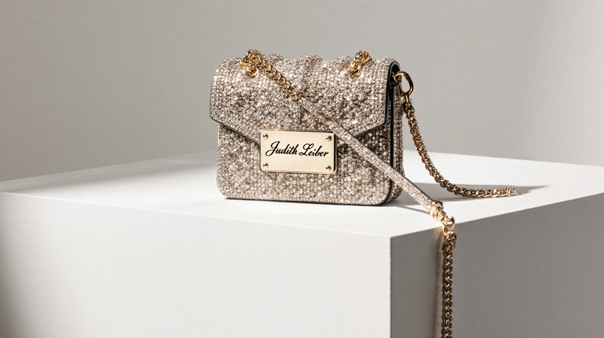 Luxury Judith Leiber minaudière bag rests on pedestal with $5,995 price tag and elegant script nameplate visible