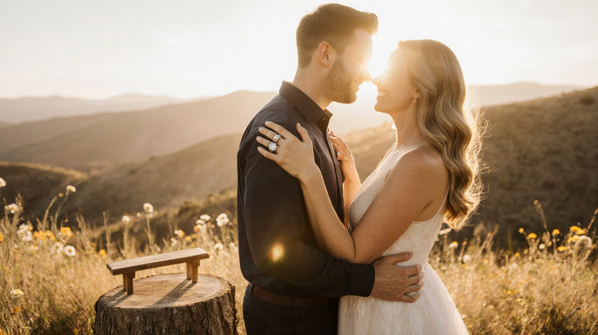 Jules Latimer and Kat Cunning embracing with engagement rings showing against golden hills and wildflowers