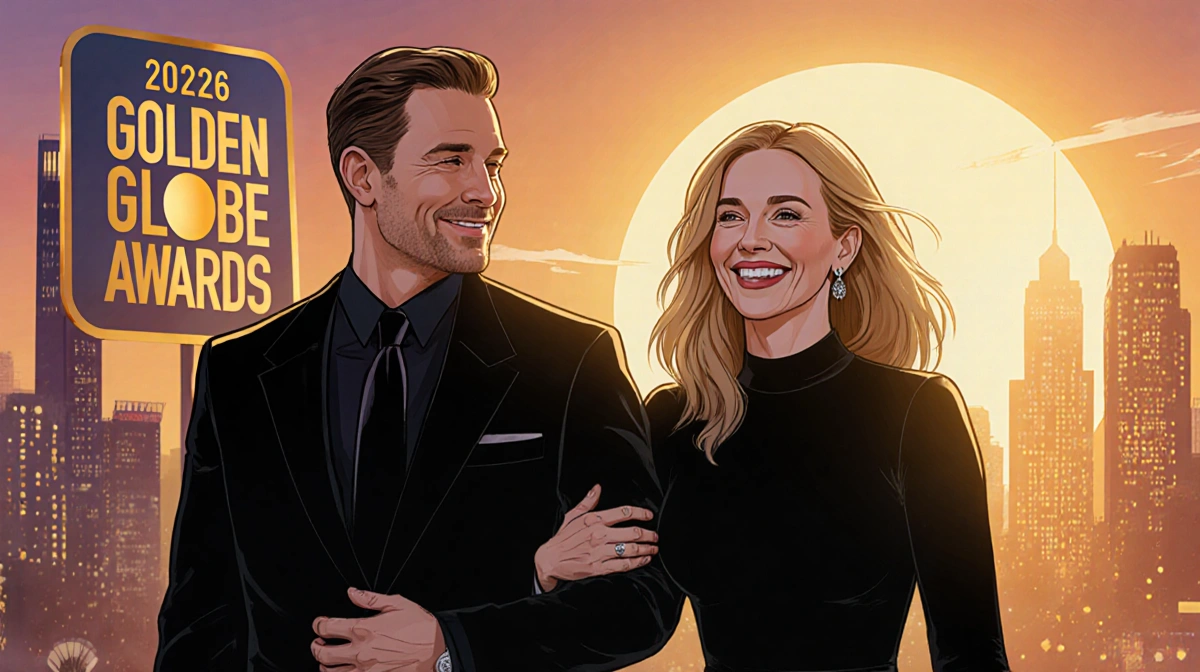 Julia Roberts smiling warmly with her hand on husband Danny Moder's arm and Golden Globes 2026 backdrop at sunset