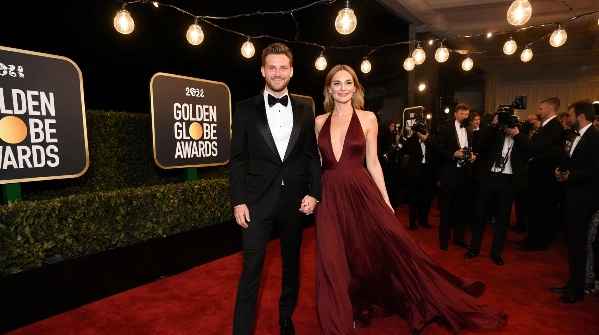 Julia Roberts and Danny Moder walk hand-in-hand on the red carpet with her crimson dress flowing behind them