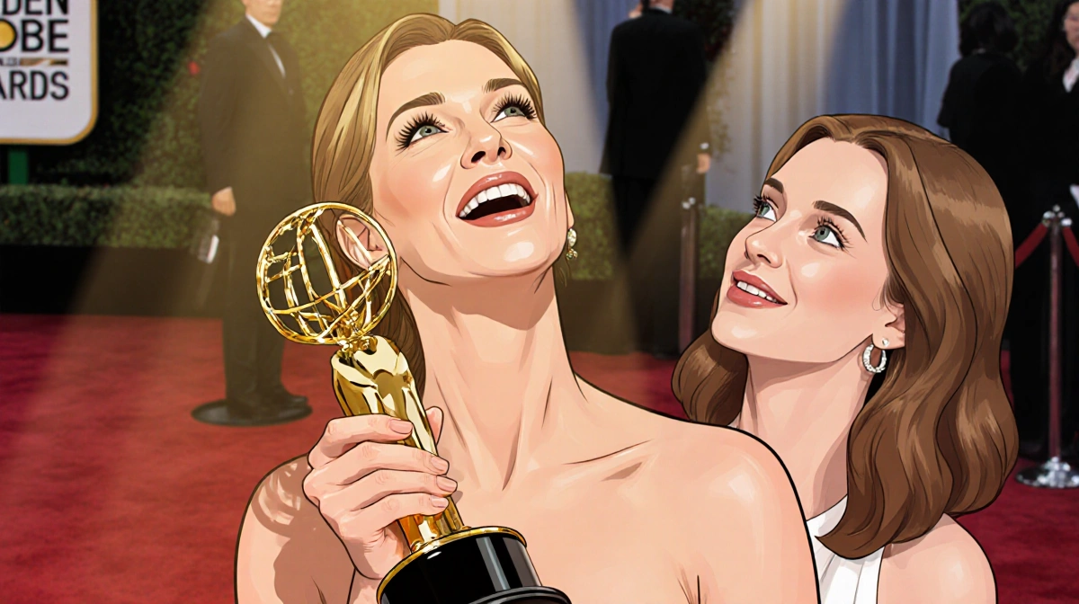 Julia Roberts holding Golden Globe with Jessie Buckley smiling behind her on red carpet