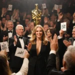 Julia Roberts stands on Golden Globes stage with audience applauding and golden trophies glowing behind her