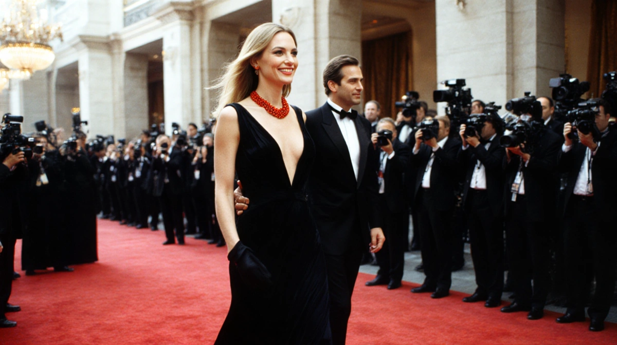 Julia Roberts walking red carpet with black gown and red necklace while Danny Moder follows behind