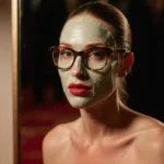 Julia Roberts applies face mask with glasses perched on her nose and red carpet pattern behind