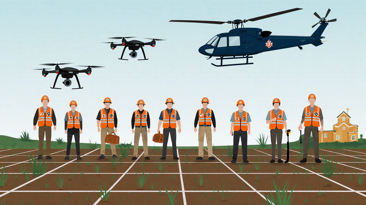 Search teams scanning terrain with helicopters overhead and volunteers in orange vests searching for missing hiker