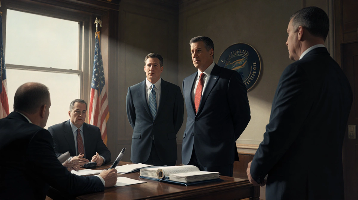 Frey and Governor Walz facing federal agents with investigation documents and evidence binders visible