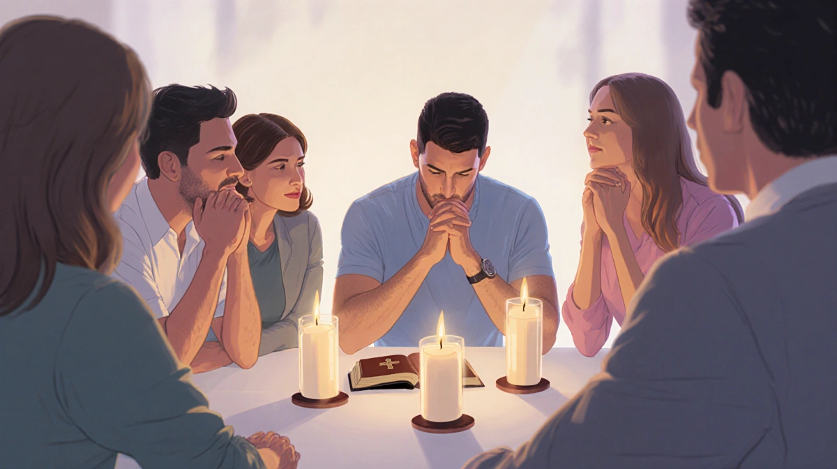 Justin Baldoni praying with family around candlelit table and Bible