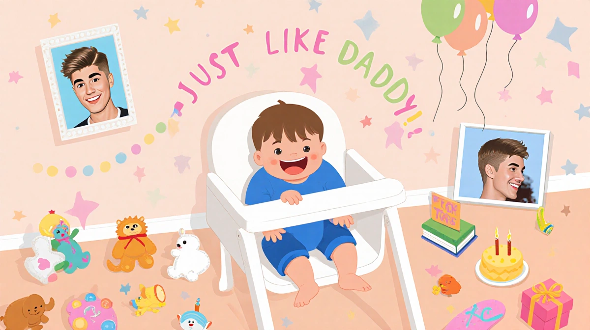 Toddler sitting in high chair with big smile near Justin Bieber photo showing family resemblance