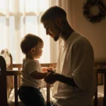 Justin Bieber holding hands with toddler son Jack in wooden crib with soft golden light and Hailey watching