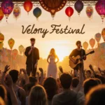 Justin Bieber and Sabrina Carpenter performing on festival stage with Lorde and crowd under sunset sky