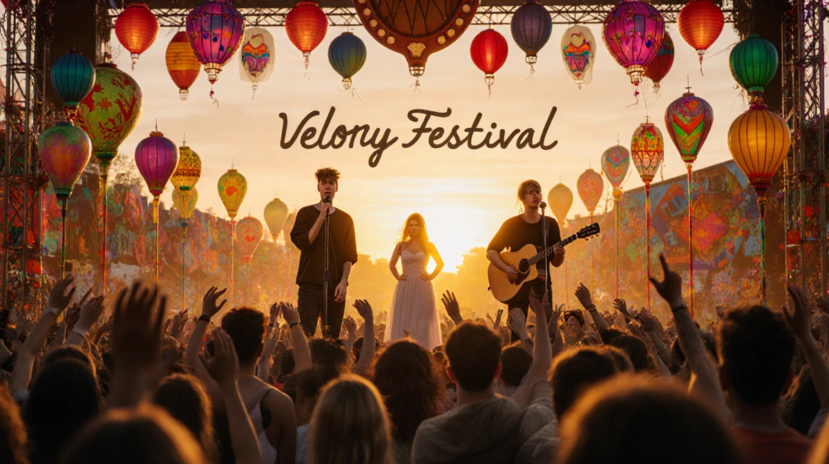 Justin Bieber and Sabrina Carpenter performing on festival stage with Lorde and crowd under sunset sky