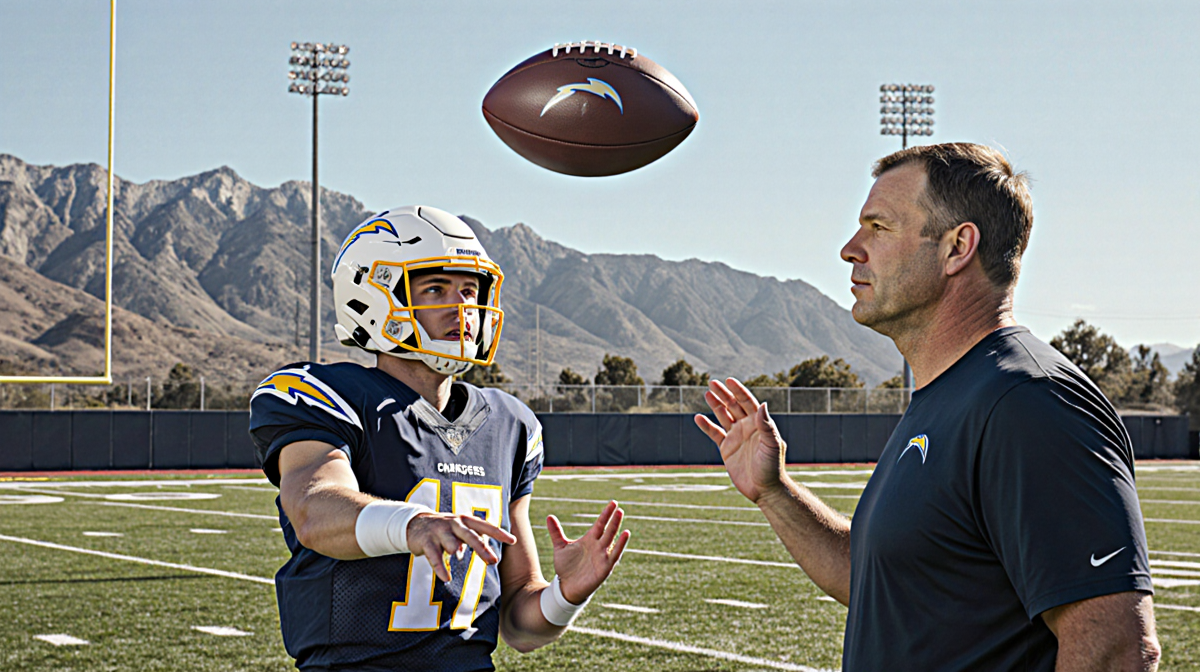 Chargers Justin Herbert catching a football with Mike McDaniel coaching and San Gabriel Mountains reflected on a polished bal