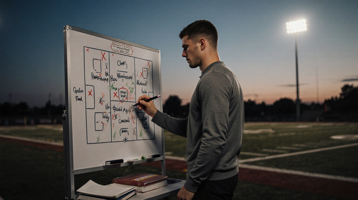 Frustrated quarterback studying playbook with whiteboard showing crossed-out plays and scattered notes at empty football fiel