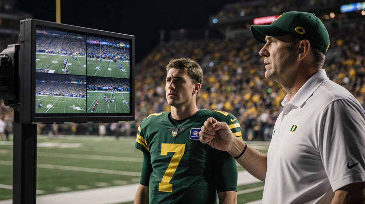 Justin Herbert watching his quarterback coach review film on the sideline with frustrated expression and stadium in backgroun