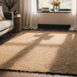 Living room displays a jute rug with warm golden light and plush pillows.
