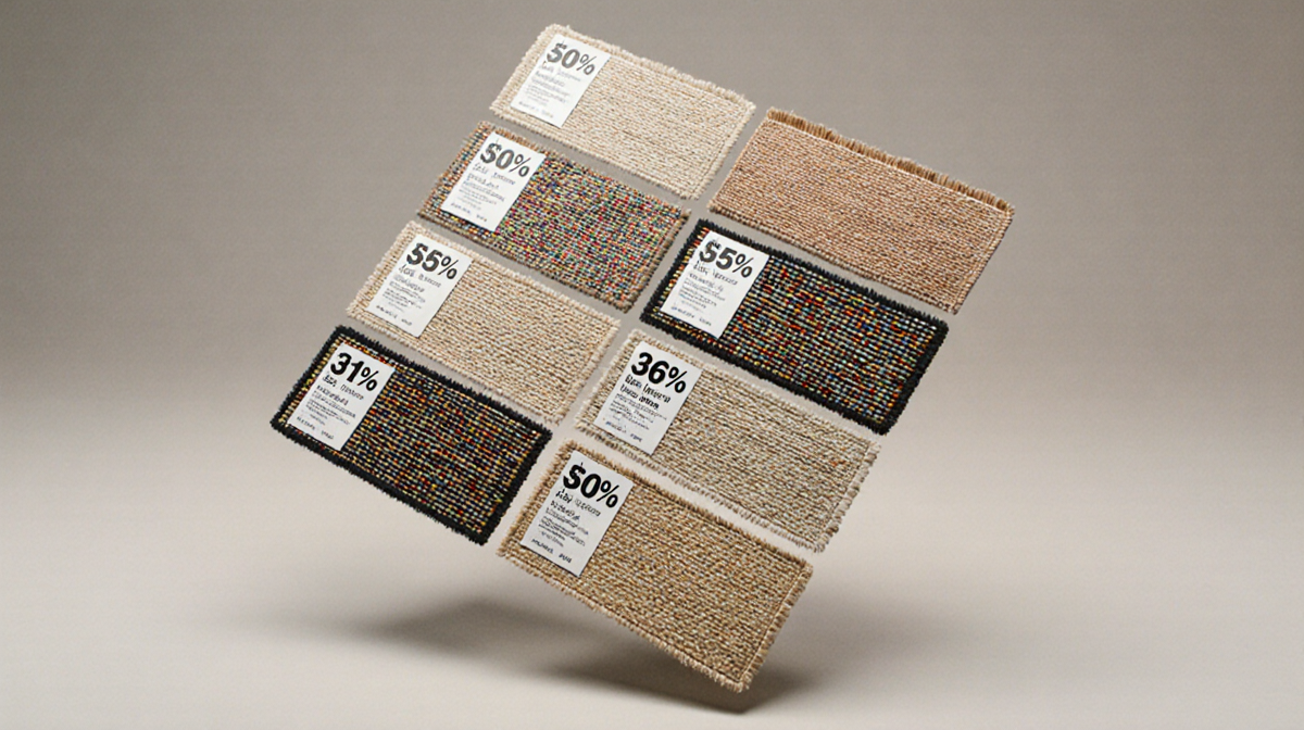 Jute and wool rugs arranged in a grid with angled placement and visible price tags and discount stickers