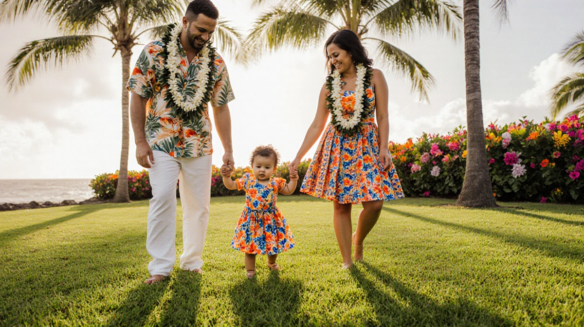 Toddler boy in floral dress holding hands with mother in hula skirt and lei while father supports from behind
