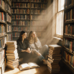 Kaia Gerber sitting comfortably with Alyssa Reeder and stacks of books in a cozy library